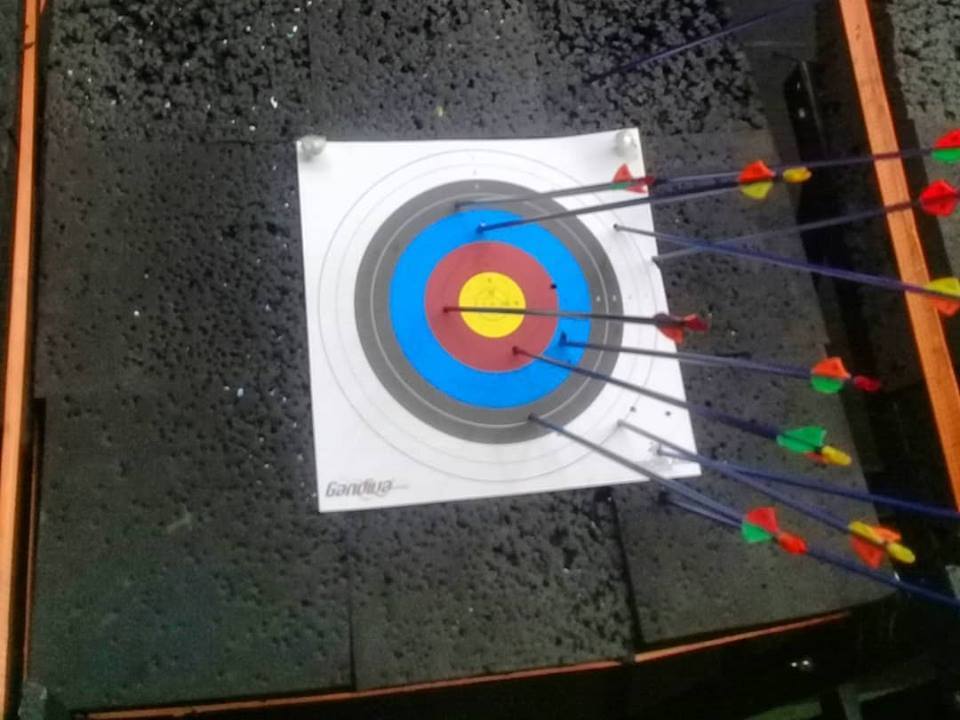 Close-up of Gandiva archery target with arrows hitting near the bullseye